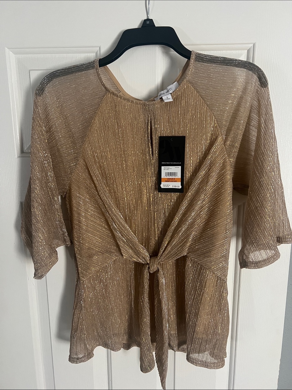 Nine West Gold Metallic Tie-Front Blouse